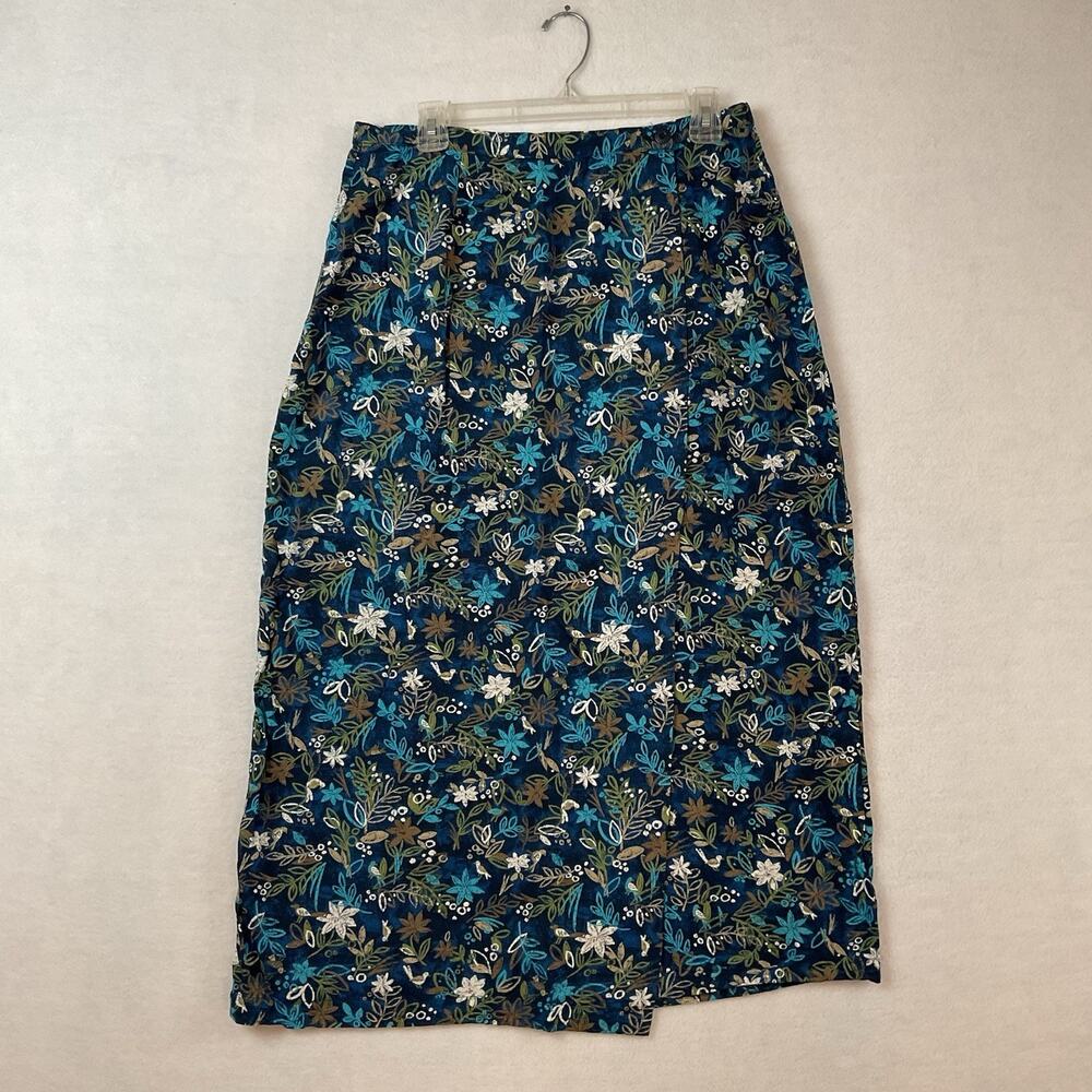 Christopher & Banks Wrap Skirt Women’s 12 Blue Floral Green Leaves Midi
